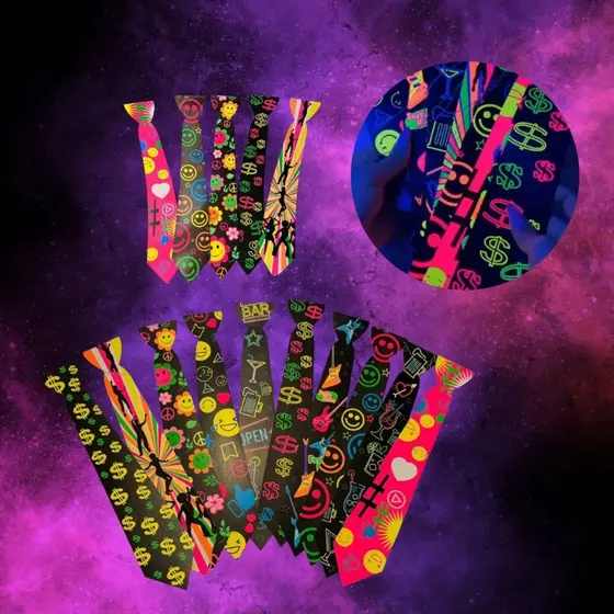Kit 50 Gravatas Estampadas Neon 10,20,30,40,50un Balada Festa Aniversario Casamento