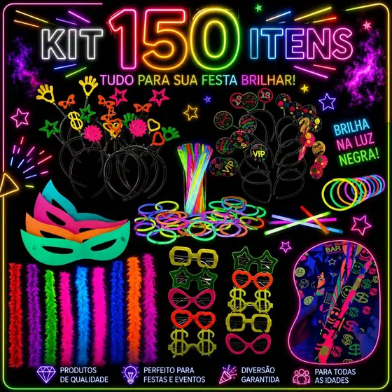 Kit Completo Festa Balada Neon Aniversario Casamento 150 Peças Pulseira, Oculos, Tiaras, Gravatas, Marabu, Mascaras