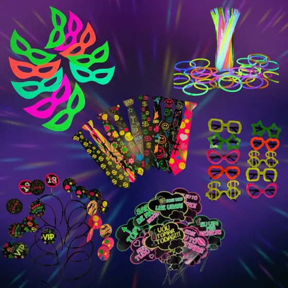 Kit 40 peças Festa Balada Neon, Pulseira, Mascara, Gravata, Plaquinha, Tiara Coloridos Divertidos