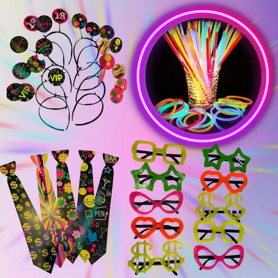 Kit Festa Balada Neon 130 peças Aniversário 100 Pulseira, 10 Óculos, 10 Tiara, 10 Gravata Casamento Divertido
