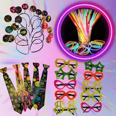 Kit Festa Balada Neon 130 peças Aniversário 100 Pulseira, 10 Óculos, 10 Tiara, 10 Gravata Casamento Divertido