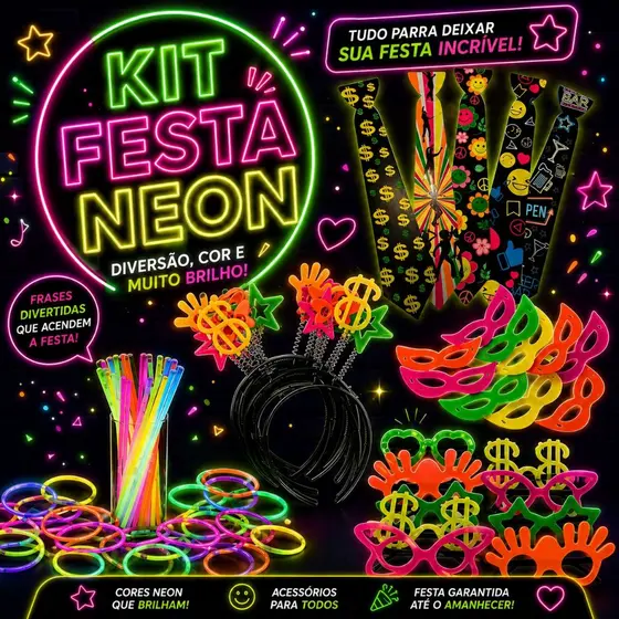 Kit Balada 80 peças Festa Neon, Casamento, Aniversario, Adereços, Divertidos, Coloridos