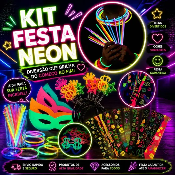 Kit 140 Itens Adereços Festas Balada Neon Casamentos Coloridos Fluorescente Brilham Na Luz Negra Divertidos