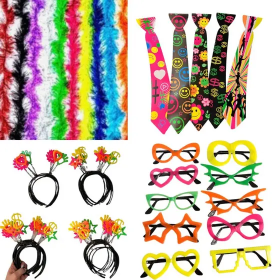 Kit Festa Balada 40peças Neon, 10 Marabus, 10 Tiaras, 10 Óculos, 10 Gravatas, Casamento Aniversario Divertidos Coloridos