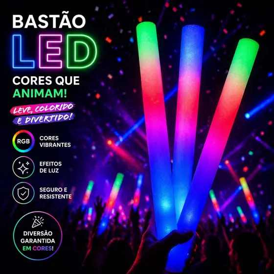Kit 10/20/30/40 Bastão de Led Espuma Neon, 3 Fases, Brilho, Festa, Rave, Show, Colorido, Casamento, Divertidos
