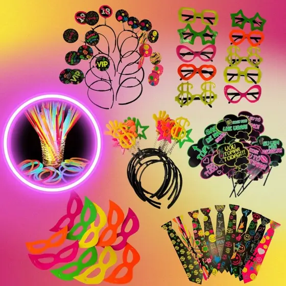 Kit 150 peças Balada Neon Festa Pulseira, Tiara, Mascara, Óculos, Gravata, Plaquinha - Adereços