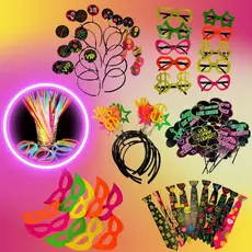 Kit 150 peças Balada Neon Festa Pulseira, Tiara, Mascara, Óculos, Gravata, Plaquinha - Adereços