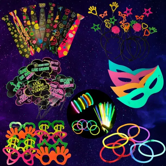 Kit Completo 35 pçs Neon Adereços Pulseira Tiara Óculos Gravata Máscara Plaquinha Divertido Colorido
