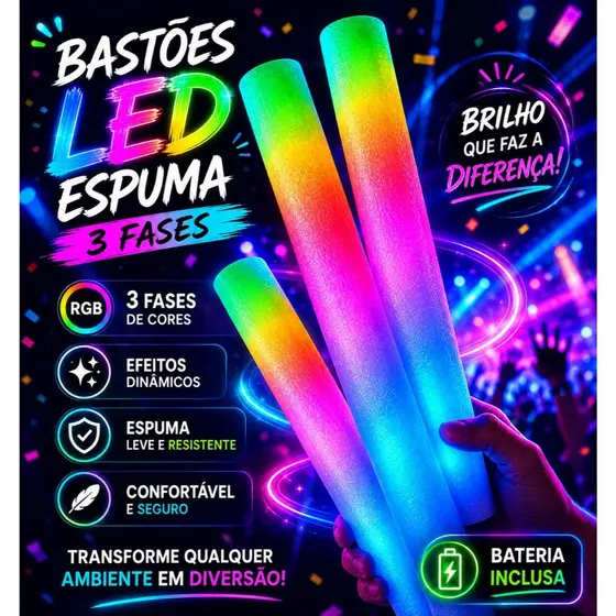 Kit 15 Bastão Led Neon Espuma Brilho 3 Fases PiscaPiscante Festa Balada Show Rave Casamento Colorido