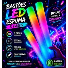 Kit 15 Bastão Led Neon Espuma Brilho 3 Fases PiscaPiscante Festa Balada Show Rave Casamento Colorido