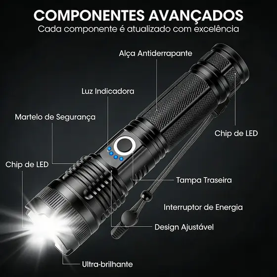 Lanterna Tática Led-P50 Profissional Recarregavel mais forte do mercado recarregável zoom bateria T9