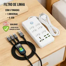 Régua Filtro de Linha com 7 Tomadas Extensão Elétrica 1 Universal 4 USB Bivolt 10A Cabo de 2 Metros