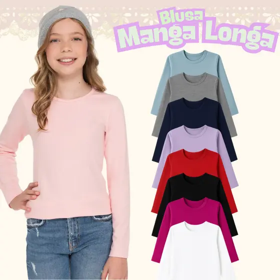 Blusa Cotton Manga Longa Infantil Juvenil Menina Tamanho 1 ao 16