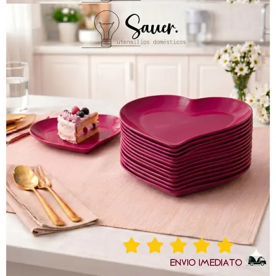 Kit Pratos Coração Várias cores 25,5cm Plástico PP Refeição Sobremesa Decoração