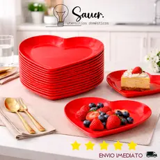 Kit 10 Pratos Coração Vermelho 25,5cm Plástico PP Refeição Sobremesa Decoração