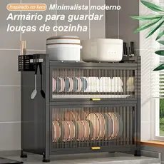 2 Camadas Escorredor De Louça 60cm Cozinha  Armário Com Portas De Vidro à Prova De Poeira