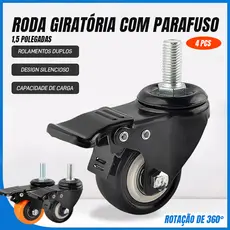 Kit 4 Rodinha Para Moveis Rodízio Roda Giratoria com Parafuso Espiga Trava 1,5" Borracha PVC