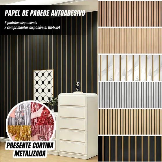 Papel de Parede 10 Metros e 5 Metros Adesivo Efeito Painel Ripado Madeira Ripada Impermeável Rolo Lavável