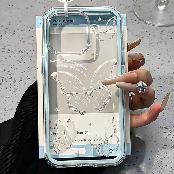 Capa 3 Em 1 Capinha Para IPhone 13 11 12 14 15 16 17 Air Pro Max Normal Transparente Acrílico Borboleta Anti-Impacto