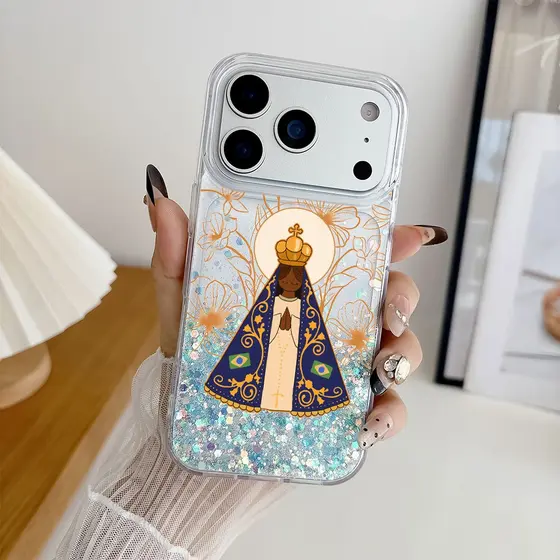 Linda Glitter Capinha Capa Para IPhone 16E 13 11 12 14 15 16 17 Air Pro XS Max XR Normal Nossa Senhora Caso