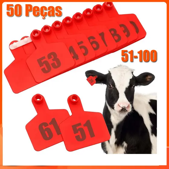 50 Peças Brincos Grandes de 7,5x6cm Para Animais - Gado Bovinos 51 à 100 Vermelho