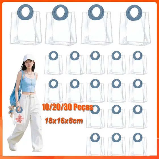 Kit 10/20/30 de Sacolas para Presente PVC Transparente 18x16x8cm com Azul Redondo alça