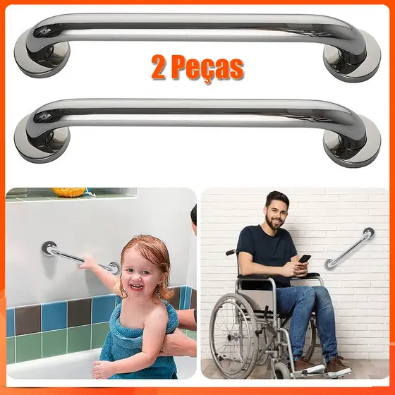 Kit 2 Alça de Apoio Alumínio Barra 50cm Segurança Idoso Banheiro Parede Corrimao Suporte Anti Queda