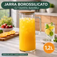 Jarra Luxo Vidro Borossilicato 1,2 L C/ Tampa Bambu Vedação Hermética Sucos Água