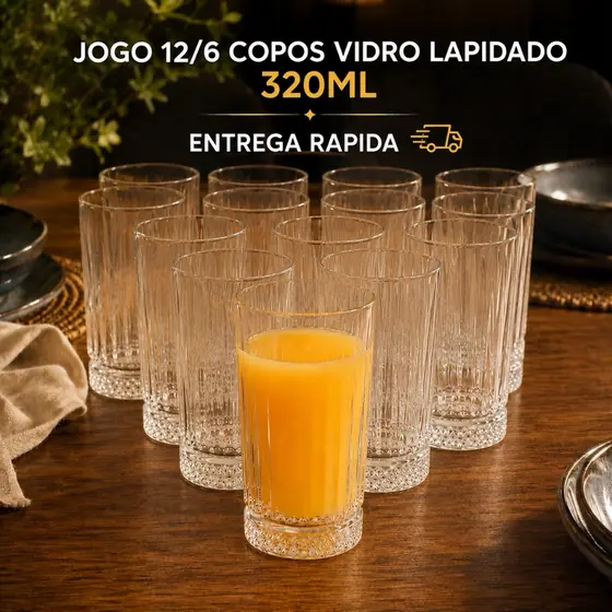 Jogo 12/6 Copos Vidro Lapidado 320ml Grosso Transparente Long Drinks