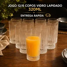 Jogo 12/6 Copos Vidro Lapidado 320ml Grosso Transparente Long Drinks