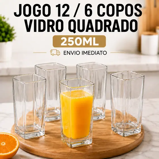 Jogo 12/6 Copos Vidro Luxo Quadrado 250ml Texas Bali Long Drink