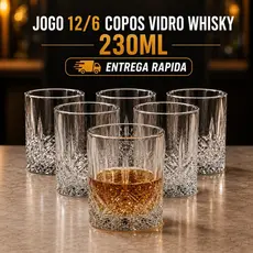 Jogo 12/6 Copos Vidro Whisky 230ml Transparente Uisque Lapidado Drinks