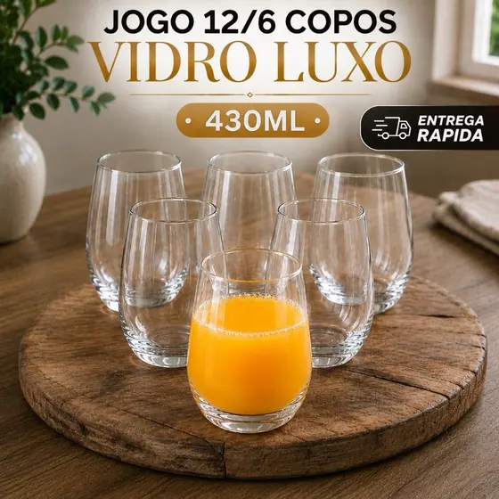 Jogo 12/6 Copos Luxo Vidro 430ml Long Drink Aruba - Resistente