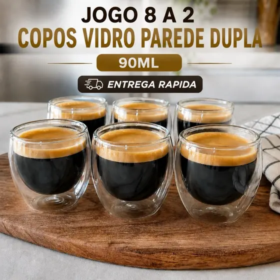 Kit 8/6/4/2 Copos Café Vidro Parede Dupla 90ml Borossilicato Transparente Expresso
