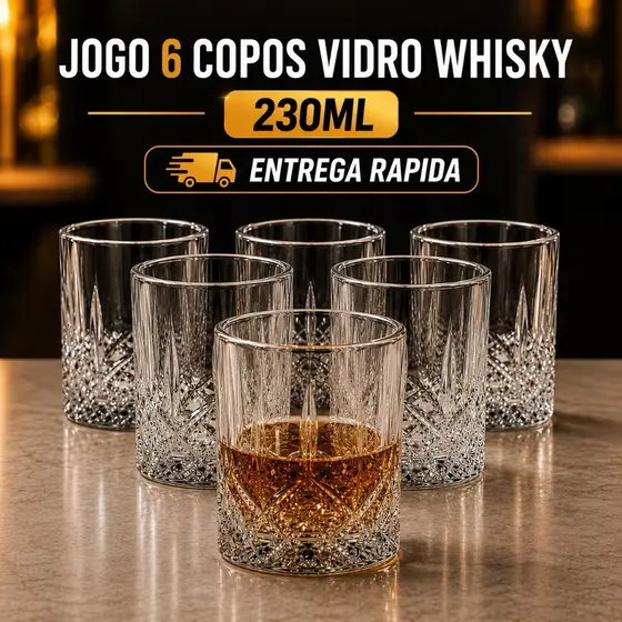 Jogo 6 Copos Vidro Whisky 230ml Transparente Uisque Lapidado Drinks