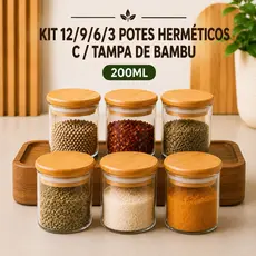 Kit 12/9/6/3 Potes Herméticos Vidro Tampa Bambu 200ml Vedação Silicone Organizador Temperos Cozinha