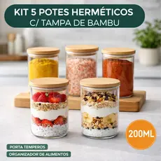 Kit 5 Potes Herméticos Vidro Tampa Bambu 200ml Borossilicato Organizador Tempero Sobremesa