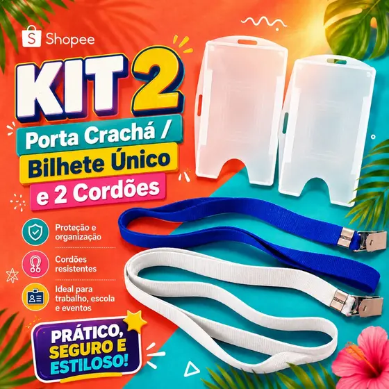 Kit 1 Porta Crachá Cartão Bilhete Único + 1 Cordão Vertical Horizontal Empresas Escolas Eventos