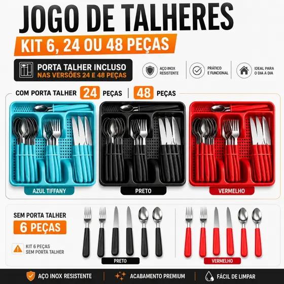 Jogo de Talheres Inox com Porta Talher Organizador Cores Tiffany Preto Vermelho