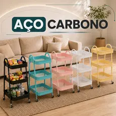 Carrinho Organizador Multiuso Auxiliar 3 Prateleiras em Aço Carbono com Rodinhas para Casa