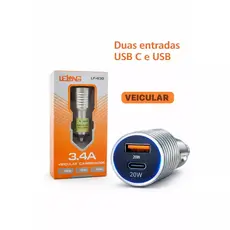 Carregador veicular Turbo 3.4A com duas portas USB tipo C, certificado pela Anatel, frete grátis, compatível com carros,