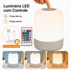 Luminária LED de Mesa com Controle Remoto Toque 3 Tons de Luz Recarregável Luz Noturna
