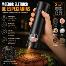 Moedor Elétrico de Pimenta e Sal Automático Ajustável em Aço Inox para Temperos Cozinha