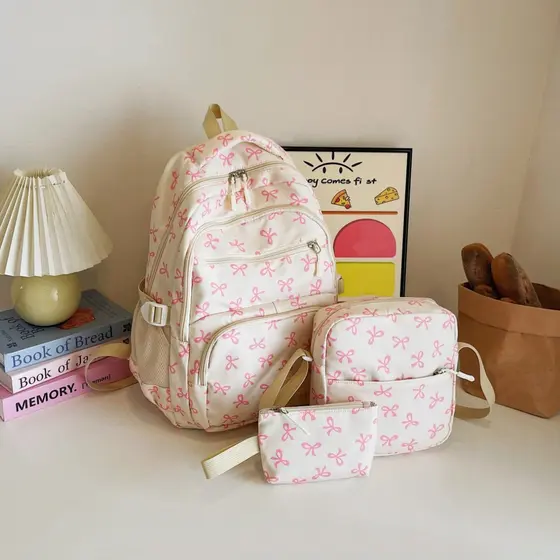 Conjunto de três peças mochila com laço menina coração Estilo Preppy Mochila floral Mochila doce coreana para es