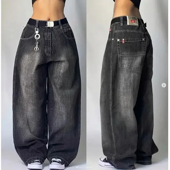 Calças Jeans Largas Y2K Mulheres Vintage Pretas Góticas Hip Hop Rua Skate Harajuku Novas 2025