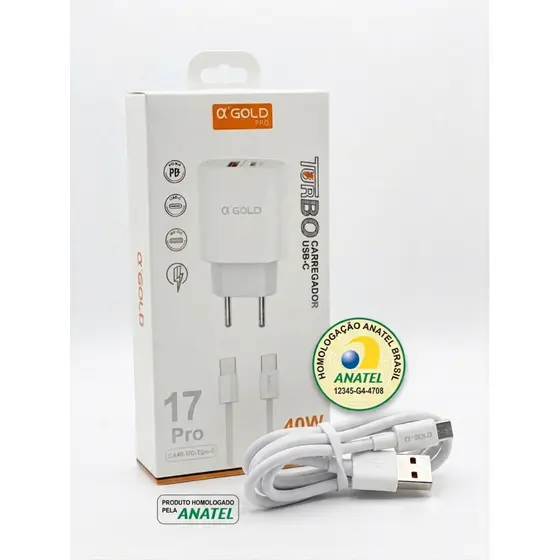 Carregador Ultra Rápido 40W USB-C Compatível Com iPhone A'Gold + 2 Cabos De Brinde