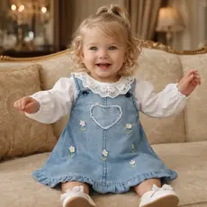 Vestido Jeans Bebê 0 A 4 ANOS com Bordado Floral + Blusa Manga Longa Luxo Conjunto Delicado Menina BROKINHA