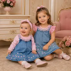 Vestido Jeans Curto ou Comprido Bordado Floral com Blusa Rosa  Infantil 100% Algodão Delicado Menina Bebê Brokinha