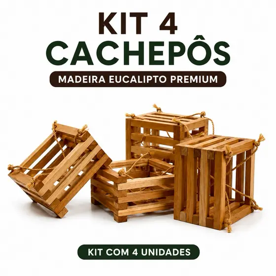 Kit 4 Cachepôs de Madeira Eucalipto 20x20x11cm | Vaso para Plantas e Orquídeas