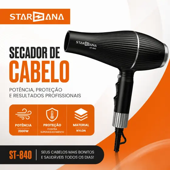 Secador de Cabelo Profissional STARANA ST-840 2000W | 127V / 227V | Alta Potência